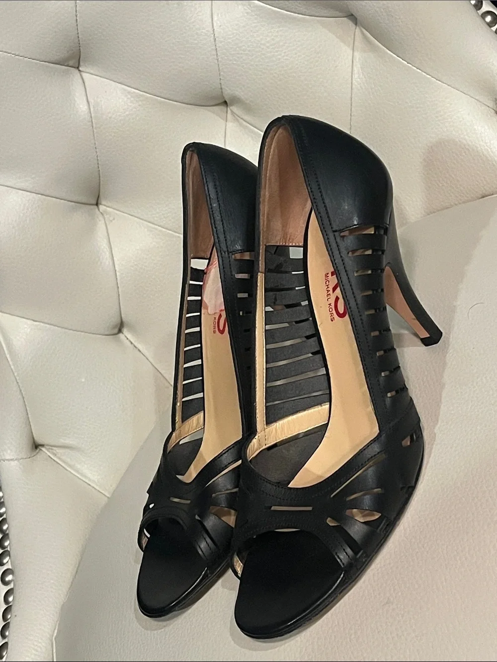 KORS Michael Kors Black Leather Peep-Toe Heels Pump 8.5